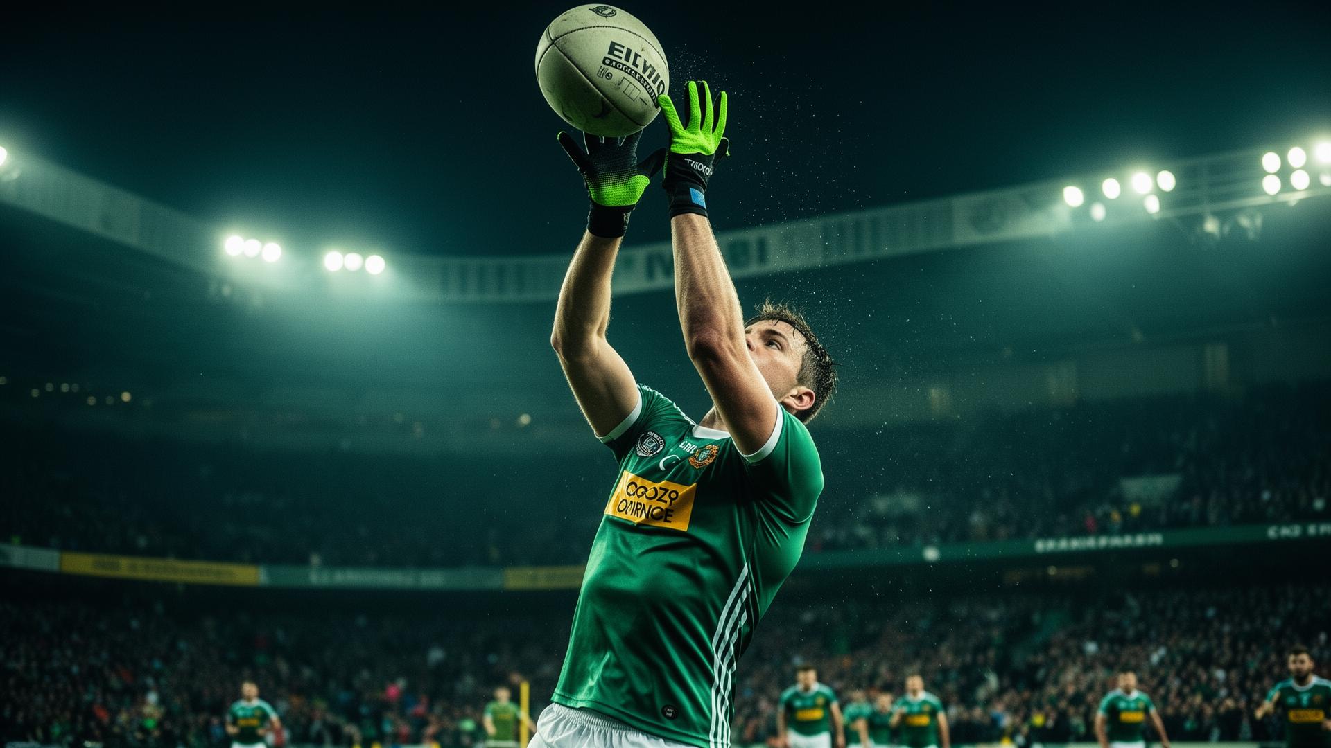 Gaelic football player rising for a high catch wearing NXT BLL gloves under floodlights