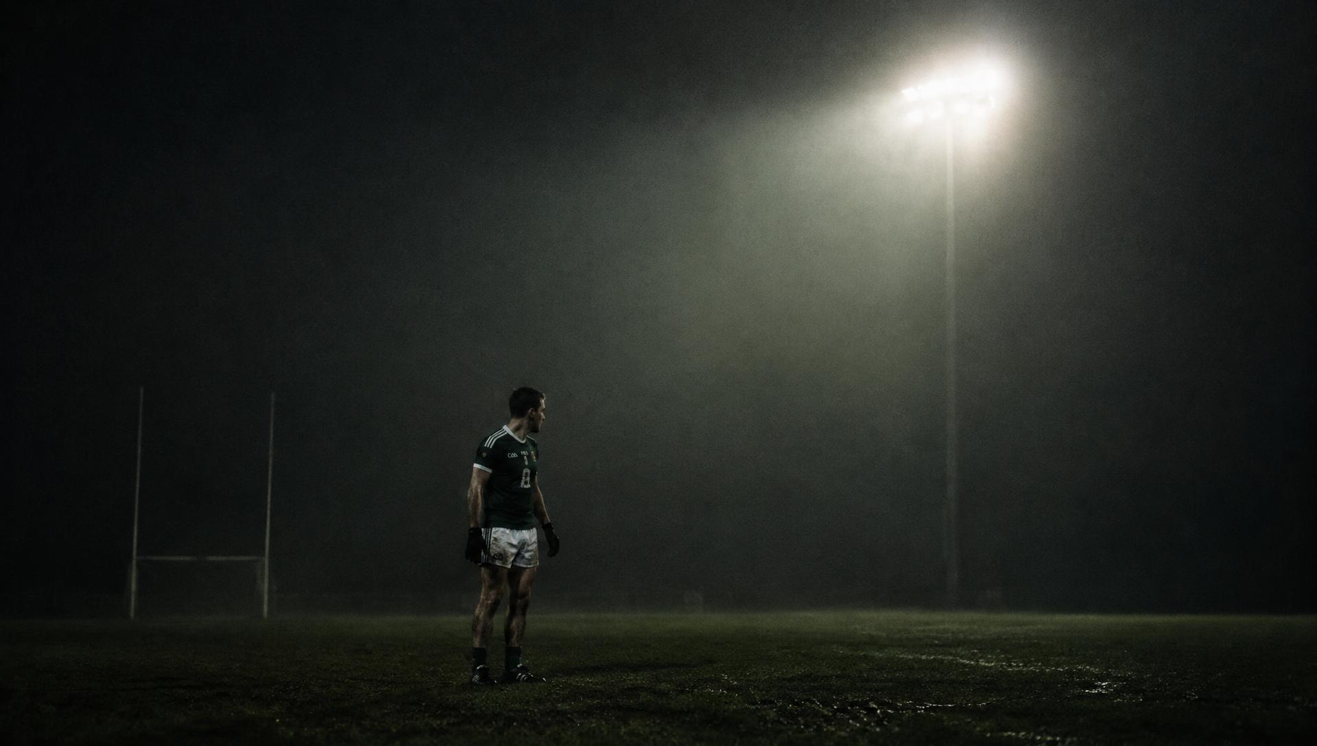 Footballer alone under a floodlight in fog